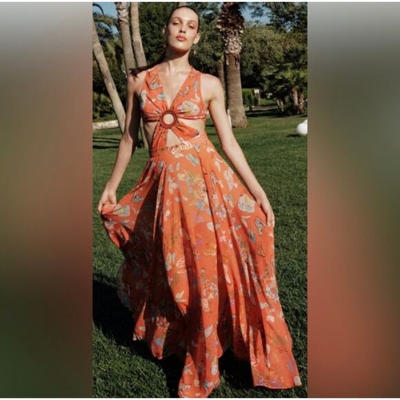 NWT My Beachy Side Begonia Flowy Cut-Out Floral Orange Maxi Dress Ring Small S - Picture 1 of 16